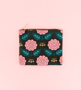 Black and Pink Floral Cotton Pouch