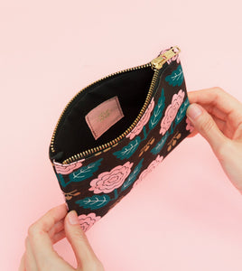 Black and Pink Floral Cotton Pouch